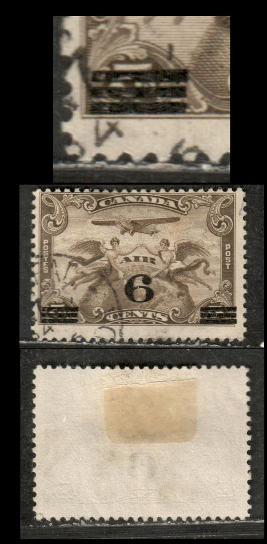 Canada #C3var 5c Olive Brown Winged Figures Against Globe, 1932 Air Mail Issue, A Fine Used Single With Surcharge Bars Staggered At Lower Left