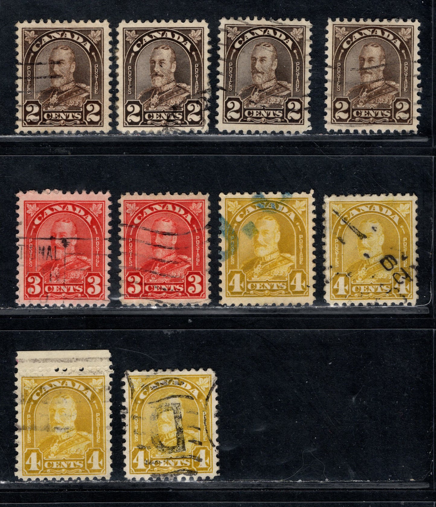 Canada #166-168 2c-4c Deep Yellowish Brown - Dull Bistre yellow King George V, 1930-1931 Arch/Leaf Issue, 10 Very Fine Used Singles Various Shades & Dies