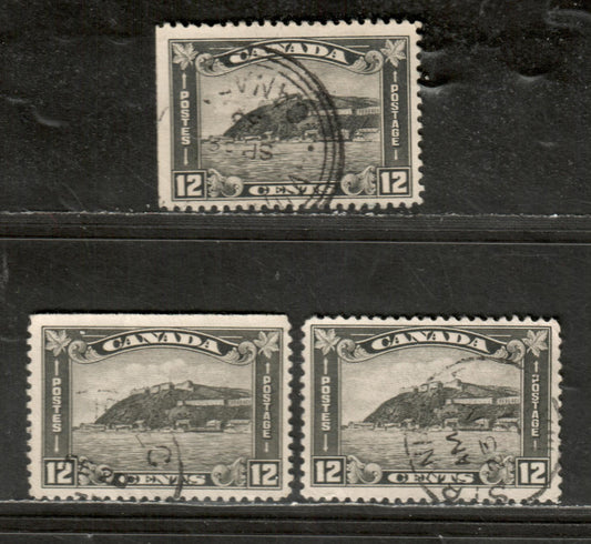 Canada #174 12c Deep Slate Grey, Slate Grey & Grey Quebec Citidel, 1931 King George V Arch / Leaf Issue, 3 Very Fine Used Singles Various Shades