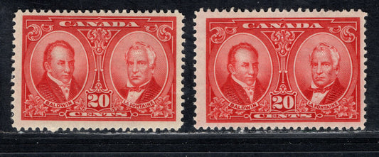 Canada #148 20c Carmine Red & Bright Carmine Baldwin & Lafontaine, 1927 Historical Issue, 2 FOG Singles With Streaky Gum