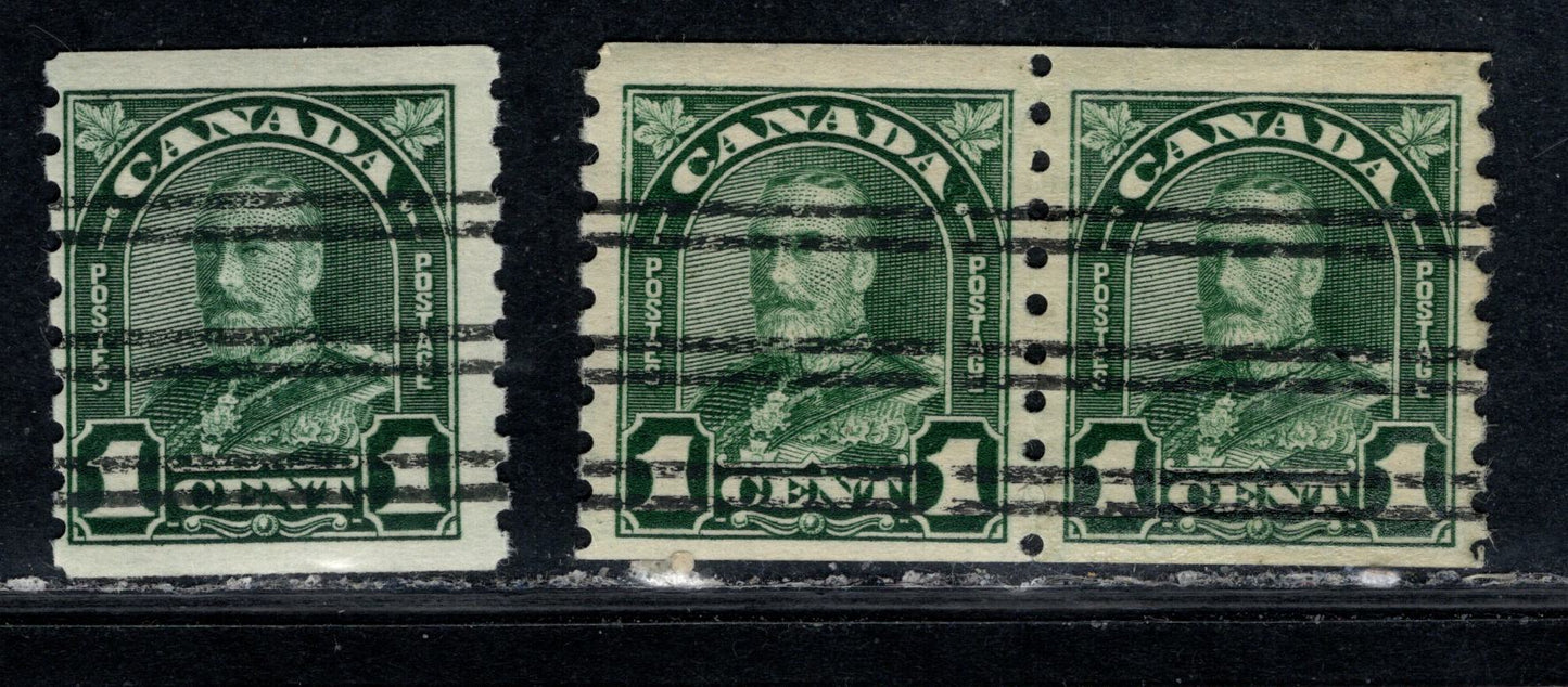 Canada #179xx 1c Deep Dull Green King George V, 1930-1931 Arch/Leaf Coil Issue, 2 F/VFNH Single & Pair With Striated & Non-Striated Gums