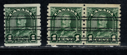 Canada #179xx 1c Deep Dull Green King George V, 1930-1931 Arch/Leaf Coil Issue, 2 F/VFNH Single & Pair With Striated & Non-Striated Gums