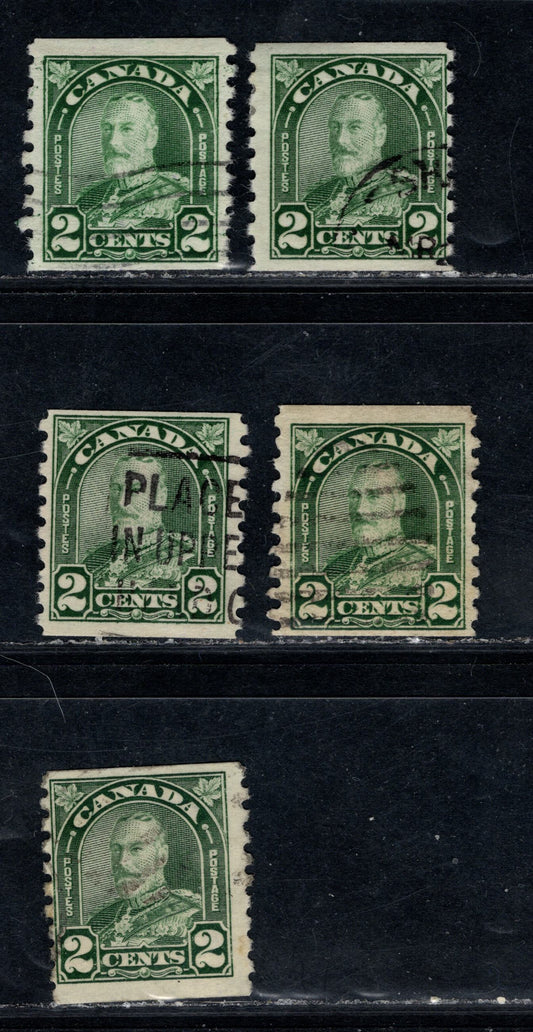 Canada #180 2c Green King George V, 1930-1931 Arch/Leaf Coil Issue, 5 Fine Used Singles Various Shades