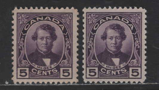 Canada #146 5c Purple & Bright Purple Thomas D'arcy McGee, 1927 Historical Issue, 2 VFOG Singles With Streaky Gum