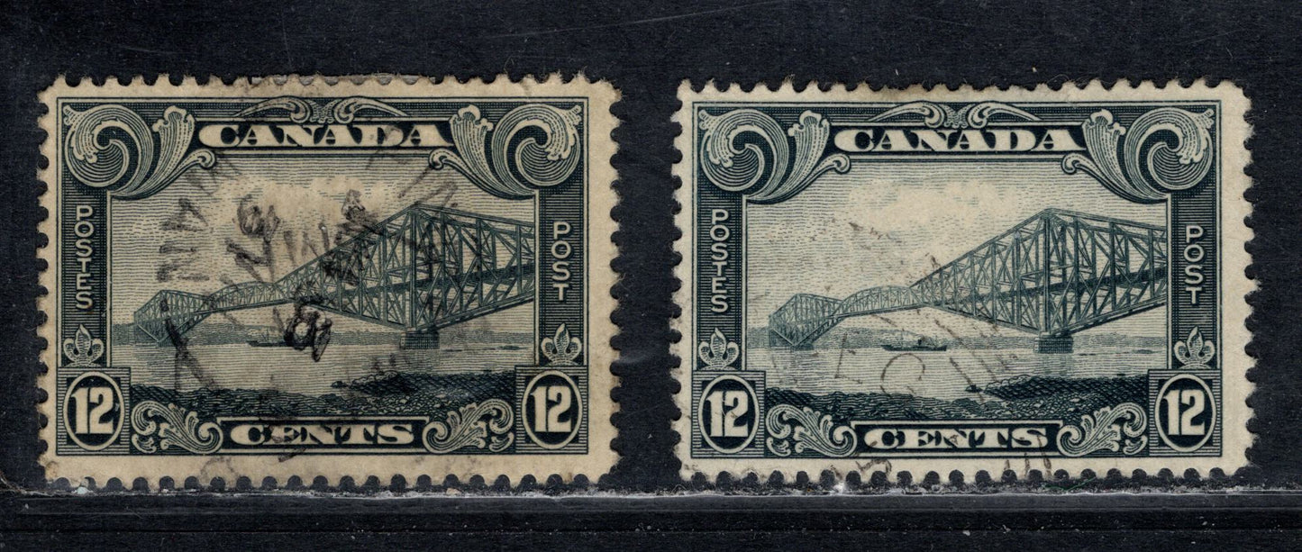 Canada #156 12c Deep Slate Gray & Deep Slate Quebec Bridge, 1928-1929 Scroll Issue, 2 Fine Used Singles