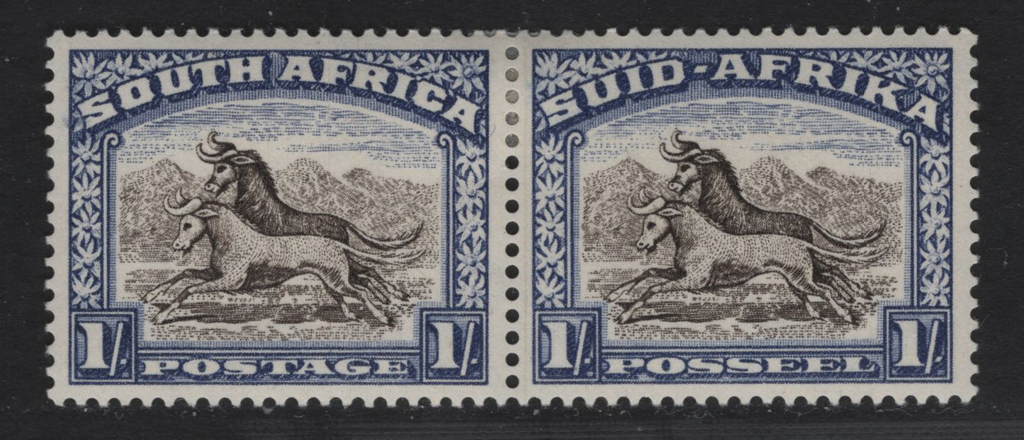 Lot 168 South Africa SG120a 1/- Blackish Brown & Ultramarine Green Gnu, 1933-1954 Photogravure Pictorial Issue, A VFOG Se-Tenant Pair, Perf 14, Wmk 201 , 1952 Printing