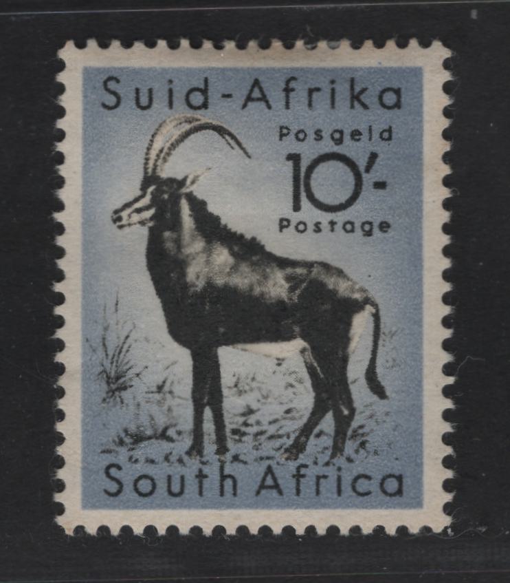 South Africa SC#213 10/- Cobalt & Multicolored Sable Antelope, 1954 Wildlife Pictorial Issue, A VFOG Single, Perf 15x14, Wmk 330