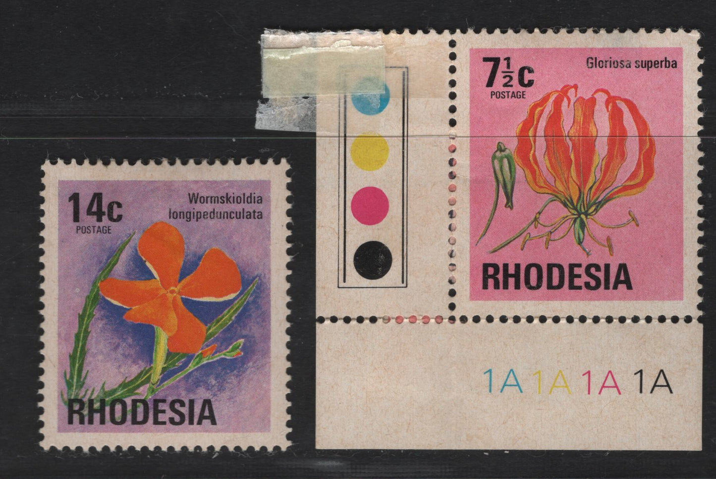 Rhodesia & Nyasaland SC#334, 339 7c & 14c Multicolored Flame Lily & Wild Pimpernel, 1974 Flora & Fauna Issue, 2 VFOG Singles,