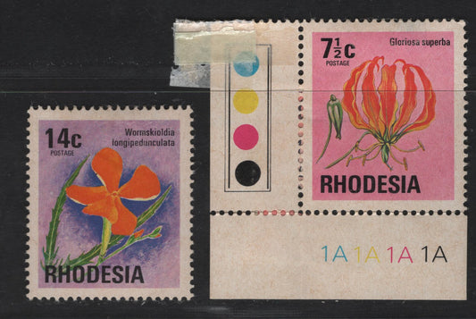 Rhodesia & Nyasaland SC#334, 339 7c & 14c Multicolored Flame Lily & Wild Pimpernel, 1974 Flora & Fauna Issue, 2 VFOG Singles,