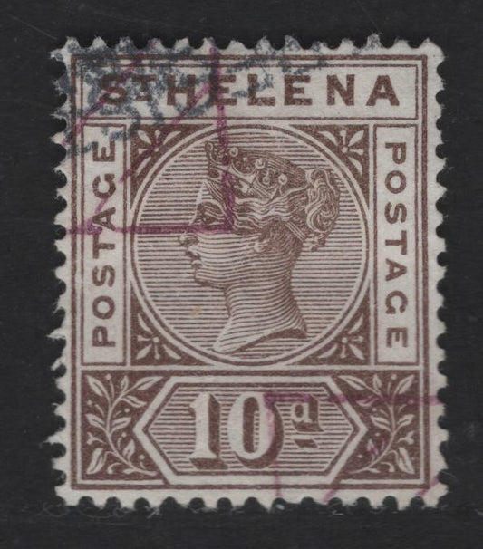 St. Helena SC#46 10d Brown Queen Victoria, 1890-1897 Queen Victoria Issue, A VF Used Single, Perf 14, Crown CA Wmk, Remainder Cancel, With Fake Black Cancel Applied