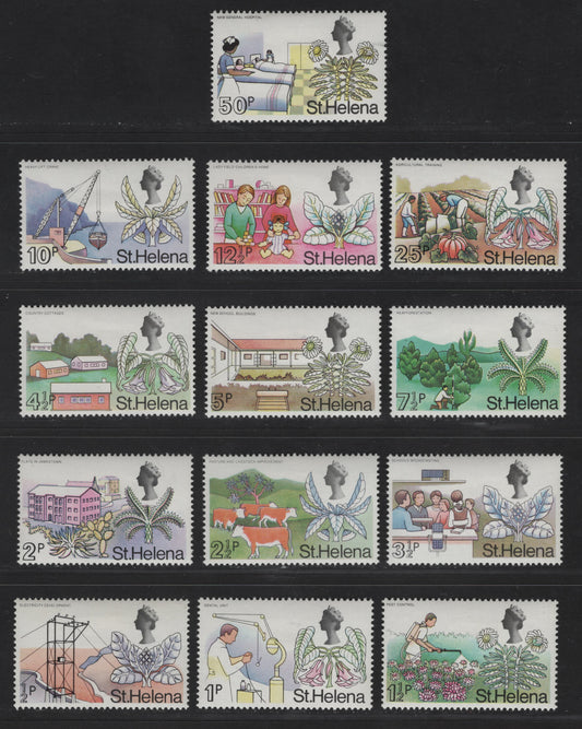 St. Helena SC#244-256 1/2d - 50d Multicolored Electricity Development - Lifeboat, 1971 Decimal Currency Pictorial Issue, 13 VFOG Singles, Perf 13.5, Sideways Block CA Wmk