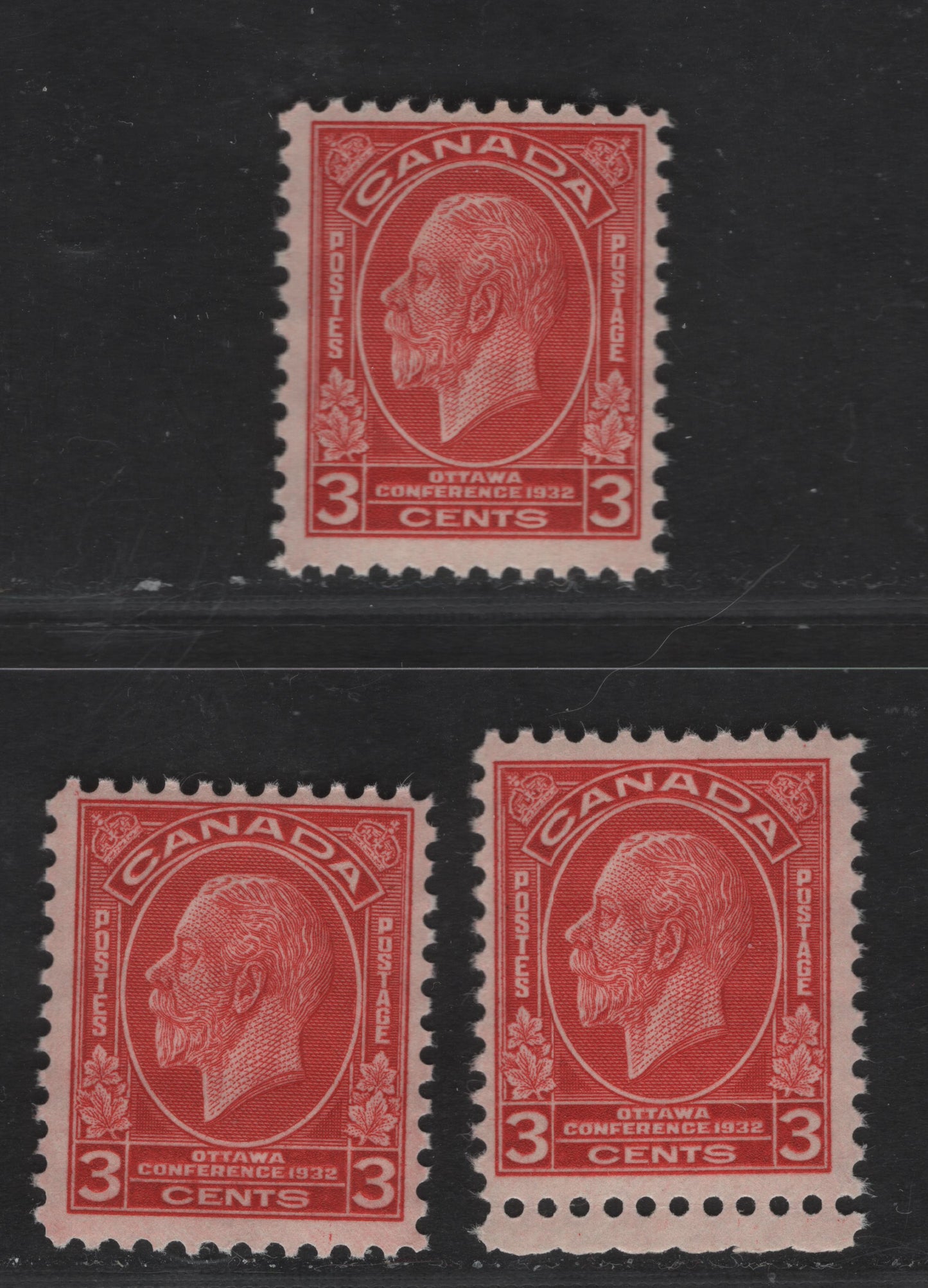 Canada #192 3c Deep Red, Red & Bright Red King George V, 1932 Ottawa Economic Conference Issue, 3 Fine NH Singles With Partially Striated Gum, 4 Gum Breaker Ridges, Semi-Gloss & Satin Sheens