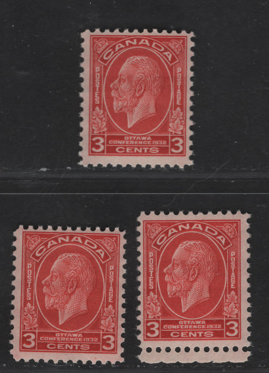 Canada #192 3c Deep Red, Red & Bright Red King George V, 1932 Ottawa Economic Conference Issue, 3 Fine NH Singles With Partially Striated Gum, 4 Gum Breaker Ridges, Semi-Gloss & Satin Sheens