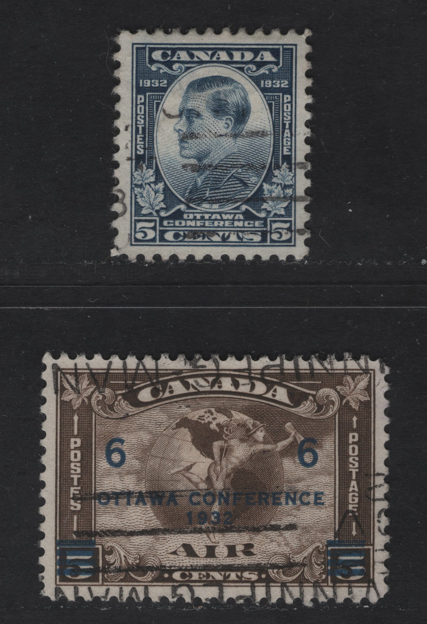 Canada #193, C4 5c, 6c On 5c Deep Dull Blue, Deep Olive Brown Prince Of Wales & Mercury & Globe, 1932 Ottawa Economic Conference Issue, 2 VF Used Singles With Large Margins