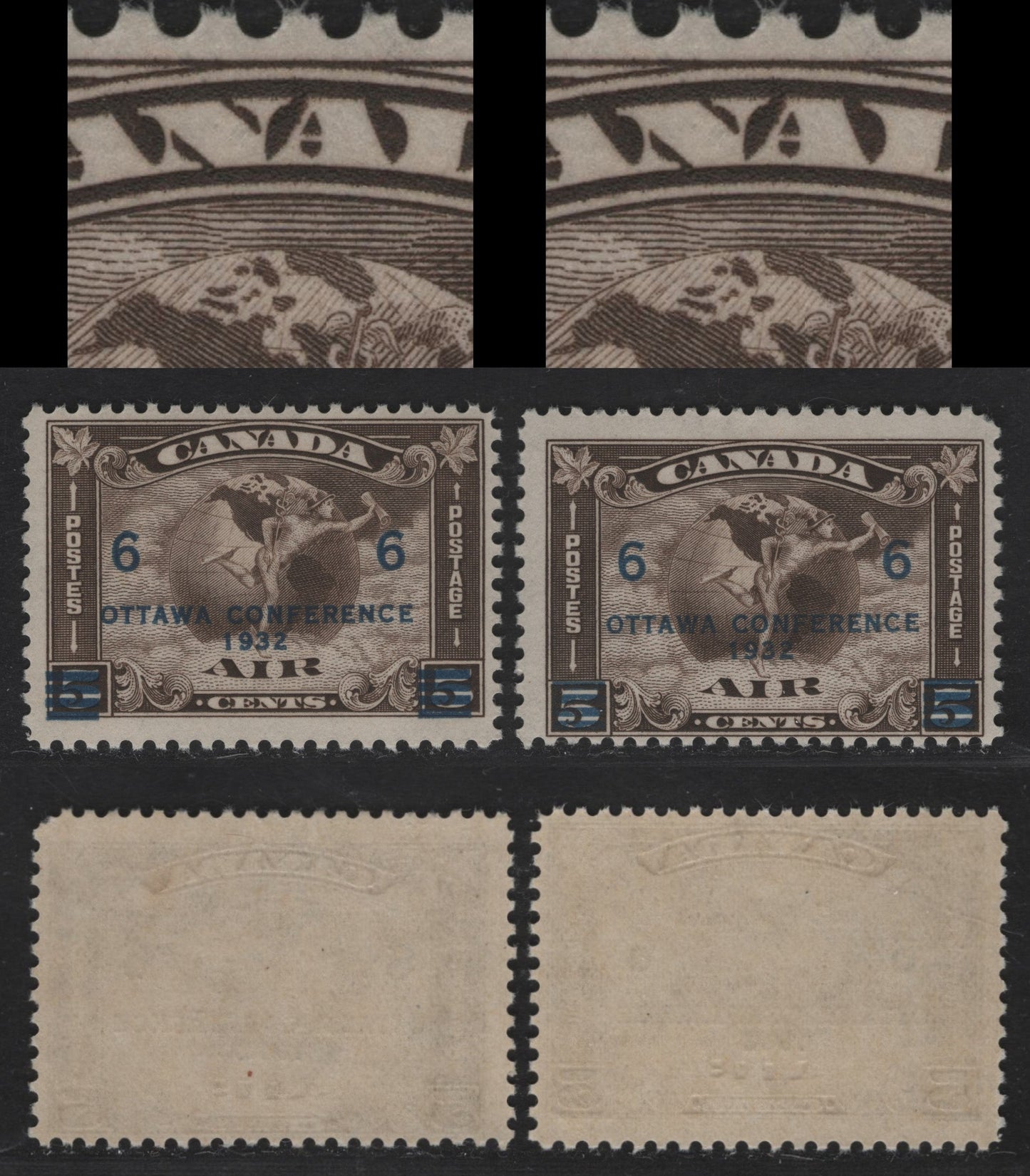 Canada #C4var 6c On 5c Olive Brown Mercury & Globe, 1932 Ottawa Economic Conference Issue, 2 Fine NH Singles Showing Extra Island Off Greenland & One Without, Both With Semi-Gloss Cream Gum