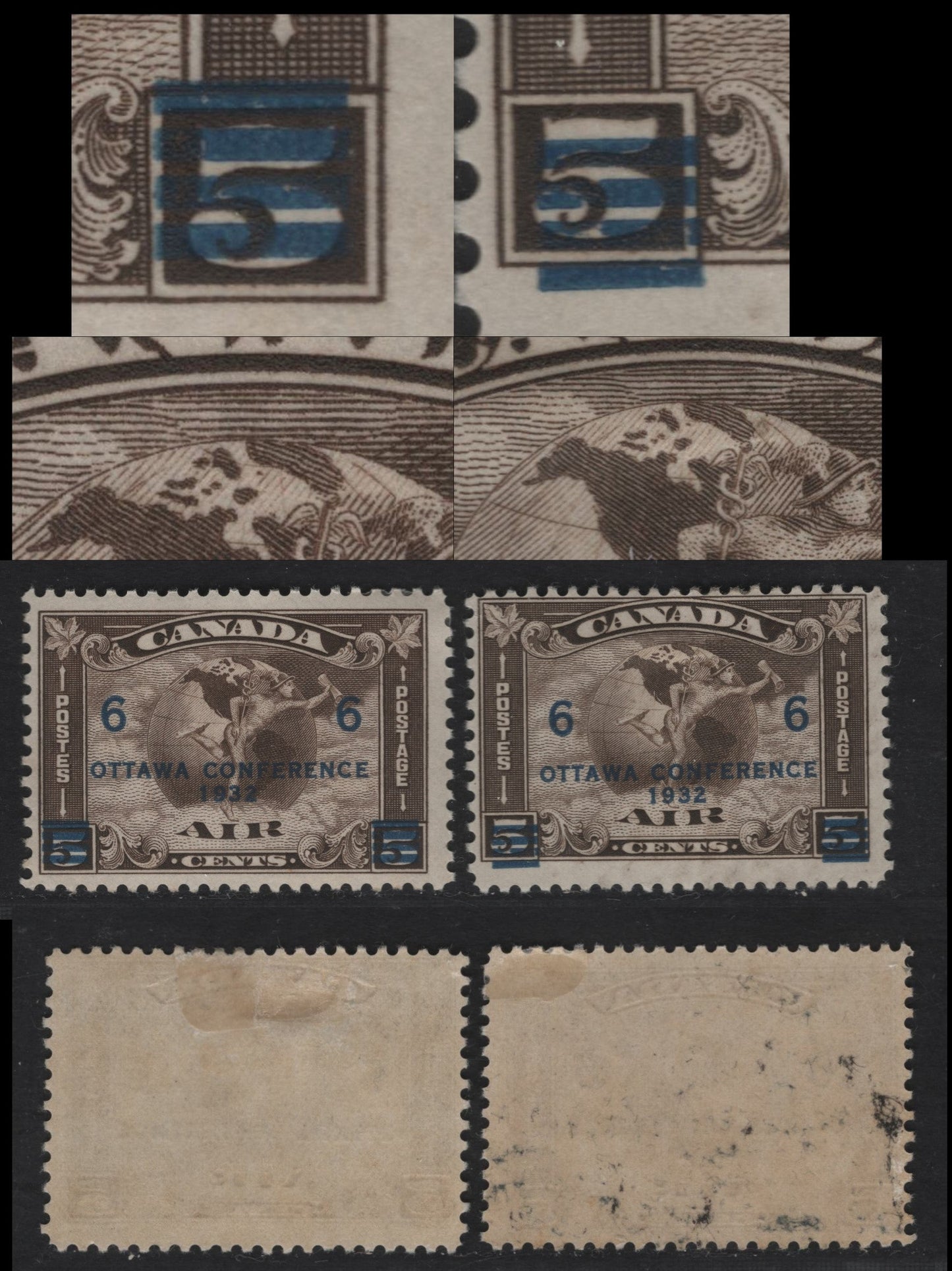 Canada #C4var 6c On 5c Olive Brown Mercury & Globe, 1932 Ottawa Economic Conference Issue, 2 Fine OG Singles Extra Island Off Greenland, Semi-Gloss Cream Gum, Surchage Shifted Both Left & Right, Semi-Gloss Cream Gum