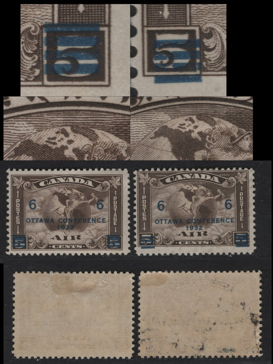 Canada #C4var 6c On 5c Olive Brown Mercury & Globe, 1932 Ottawa Economic Conference Issue, 2 Fine OG Singles Extra Island Off Greenland, Semi-Gloss Cream Gum, Surchage Shifted Both Left & Right, Semi-Gloss Cream Gum