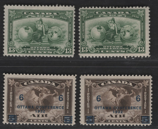 Canada #194, C4 13c, 6c On 5c Olive Brow, Deep Olive Brown, Green & Deep Yellow Green Mercury & Globe & Britannia, 1932 Ottawa Economic Conference Issue, 4 Fine OG Singles Cream & Yellowish Cream Semi-Gloss Gums