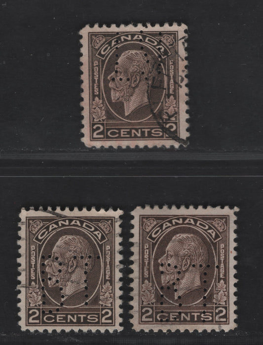 Canada #196var, 196ivar 2c Black Brown, Dark Brown & Deep Brown King George V, 1932-1935 Medallion Issue, 3 VF Used Singles With Normal & Inverted Damaged Bell Telephone Perfins, Incl 2 Dry Rotary Press Printings