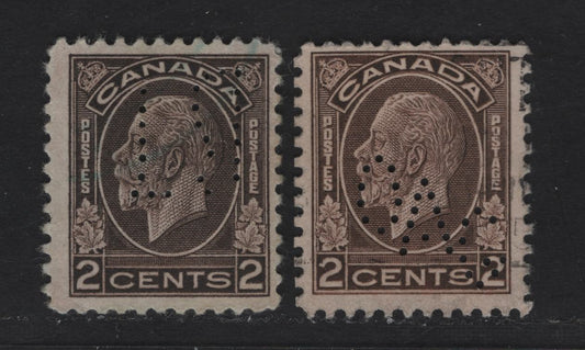 Canada #196ivar 2c Black Brown King George V, 1932-1935 Medallion Issue, 2 Fine Used Singles With Inverted Damaged Bell Telephone & Ocean Accident Guarantee Corp. On Dry Rotary Press Printings