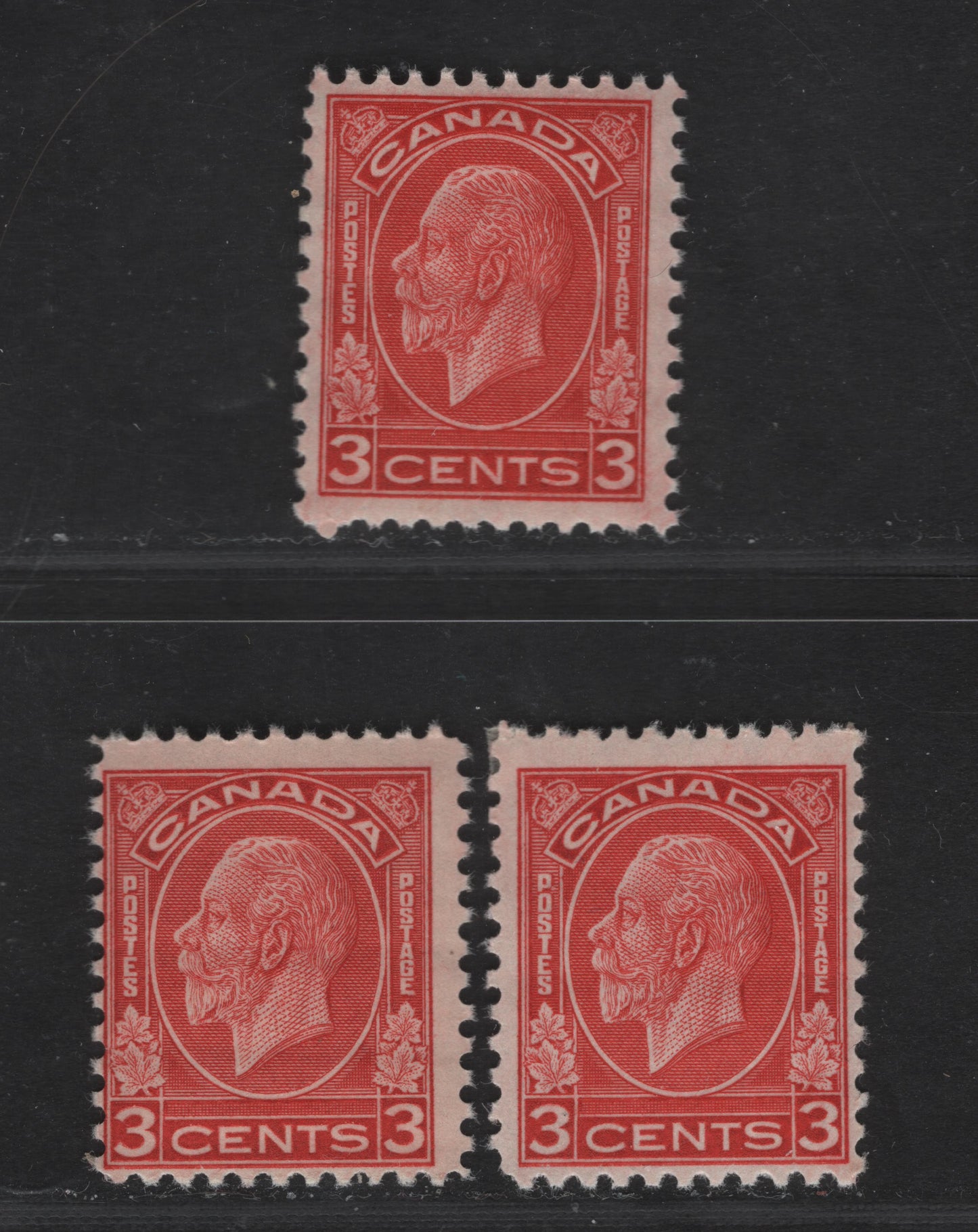 Canada #197, 197c 3c Bright Red, Red & Dull Red King George V, 1932-1935 Medallion Issue, 3 Fine NH & VFNH Singles Dies 1 & 2, Partly Striated & Striated Gums, 4 Gum Breaker Ridges