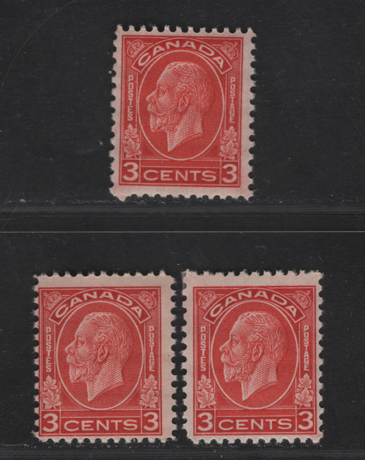 Canada #197, 197c 3c Bright Red, Red & Dull Red King George V, 1932-1935 Medallion Issue, 3 Fine NH & VFNH Singles Dies 1 & 2, Partly Striated & Striated Gums, 4 Gum Breaker Ridges