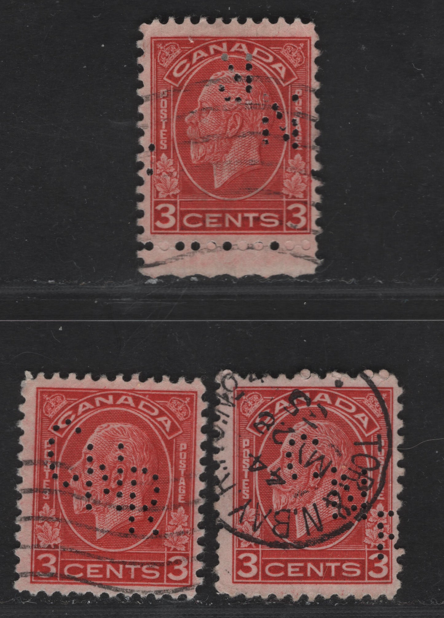 Canada #197, 197c 3c Deep Red & Bright Red King George V, 1932-1935 Medallion Issue, 3 Fine Used Singles Die 1 With Montreal CNR Perfin & Die 1 With Upright & Inverted Vancouver CNR Perfin, The Inverted One Split & Missing Some Pins