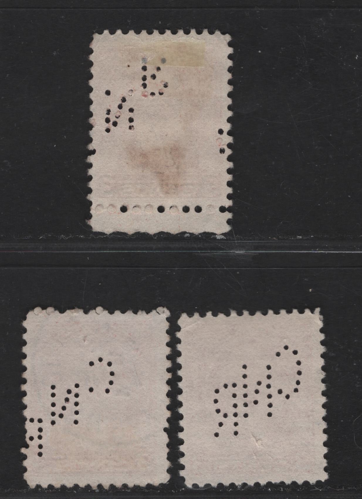 Canada #197, 197c 3c Deep Red & Bright Red King George V, 1932-1935 Medallion Issue, 3 Fine Used Singles Die 1 With Montreal CNR Perfin & Die 1 With Upright & Inverted Vancouver CNR Perfin, The Inverted One Split & Missing Some Pins