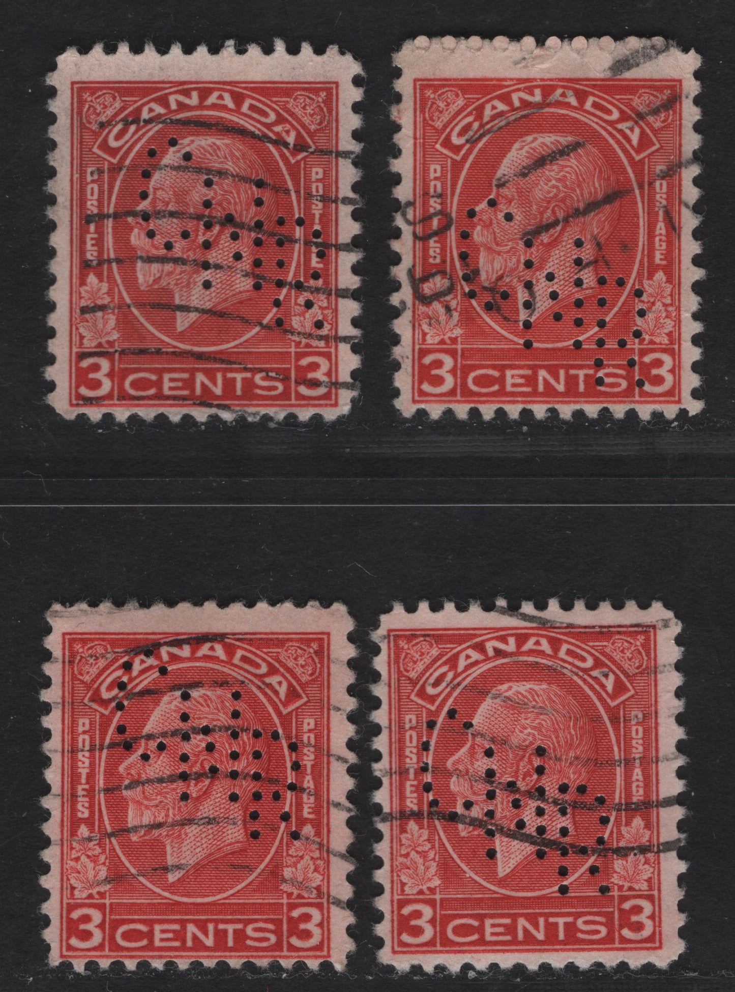 Canada #197c 3c Deep Red & Scarlet Red King George V, 1932-1935 Medallion Issue, 4 Fine Used Singles Die 2, All With Montreal CNR Perfins