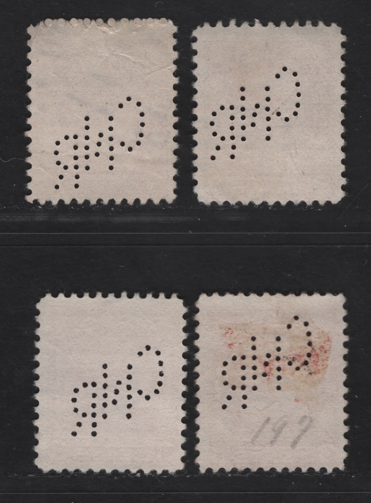 Canada #197c 3c Deep Red & Scarlet Red King George V, 1932-1935 Medallion Issue, 4 Fine Used Singles Die 2, All With Montreal CNR Perfins