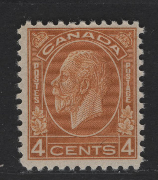 Lot 109 Canada #198 4c Bright Ochre King George V, 1932-1935 Medallion Issue, A Fine OG Single Coffee Coloured Semi-Gloss Gum, Likely A 1933 Printing
