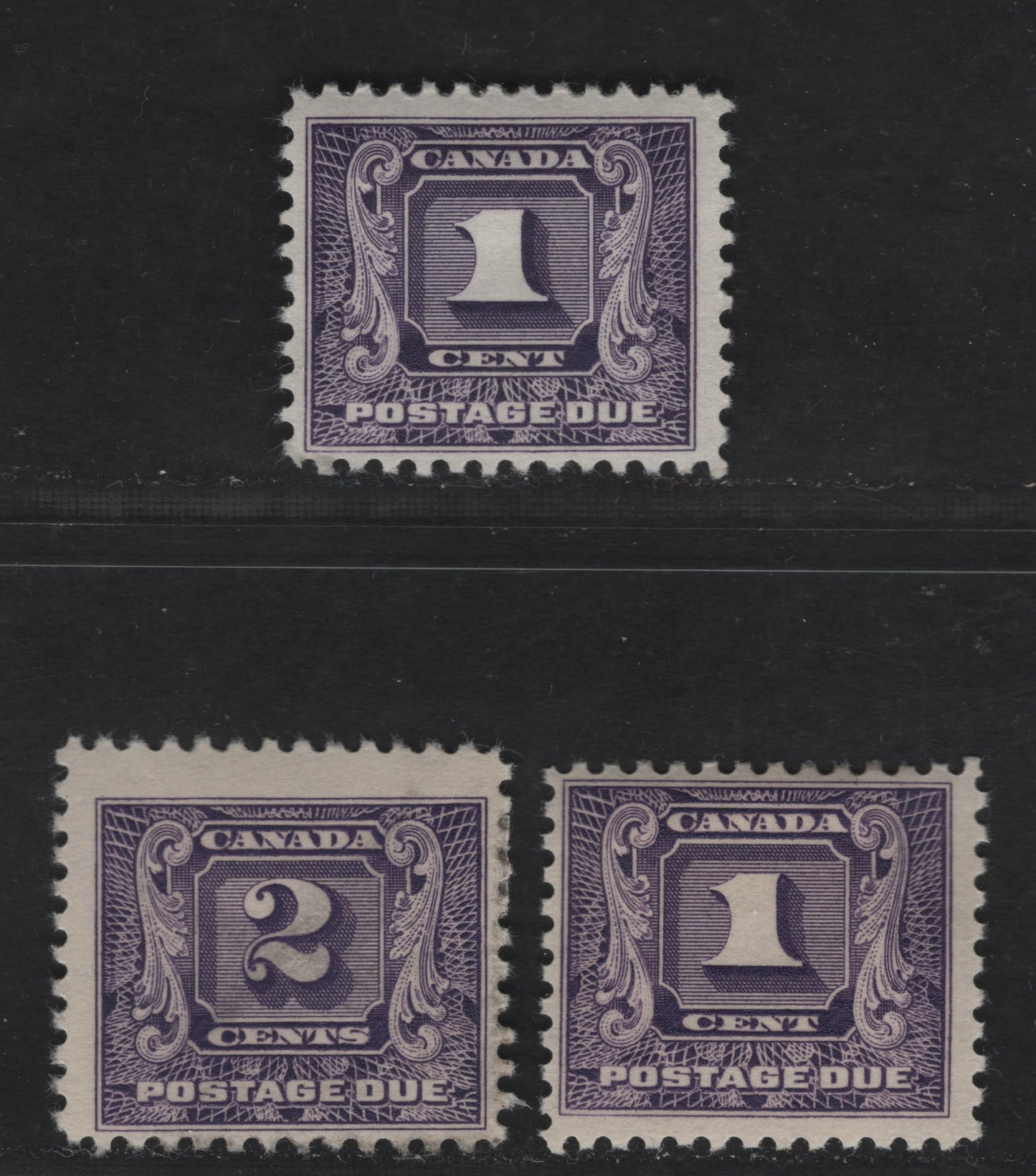Canada #J6-J7 1c-2c Bluish Violet Numeral On Fancy Background, 1930-1932 Second Postage Due Issue, 3 Fine OG Singles With Yellowish & Cream Semi-Gloss Gum