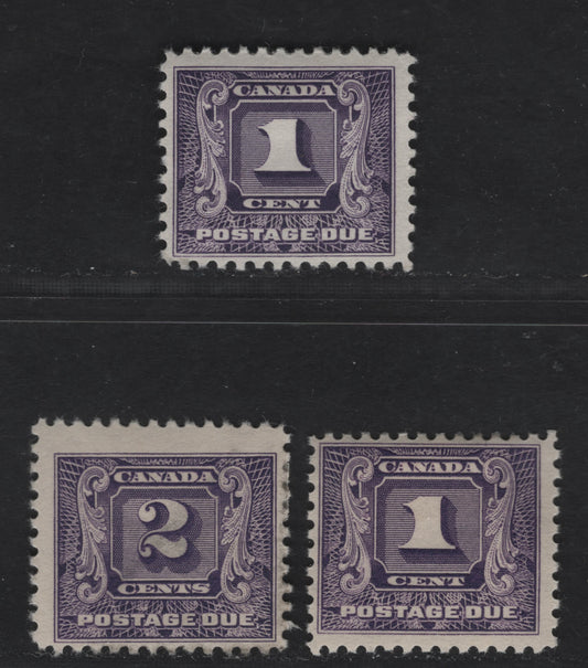 Canada #J6-J7 1c-2c Bluish Violet Numeral On Fancy Background, 1930-1932 Second Postage Due Issue, 3 Fine OG Singles With Yellowish & Cream Semi-Gloss Gum