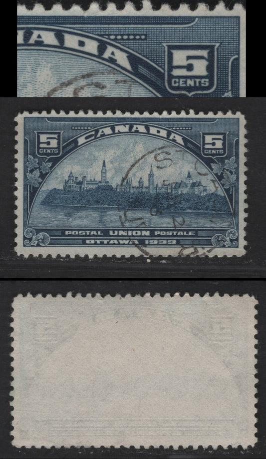 Canada #202var 5c Deep Blue Parliament Buildings, 1933 UPU Meeting Issue, A VF Used Single With Re-Entry In UR Spandrel, Some Vertical Lattice Lines Doubled, Hard To See In The Scan, But Clear With A Loupe, June 1933 CDS Cancel