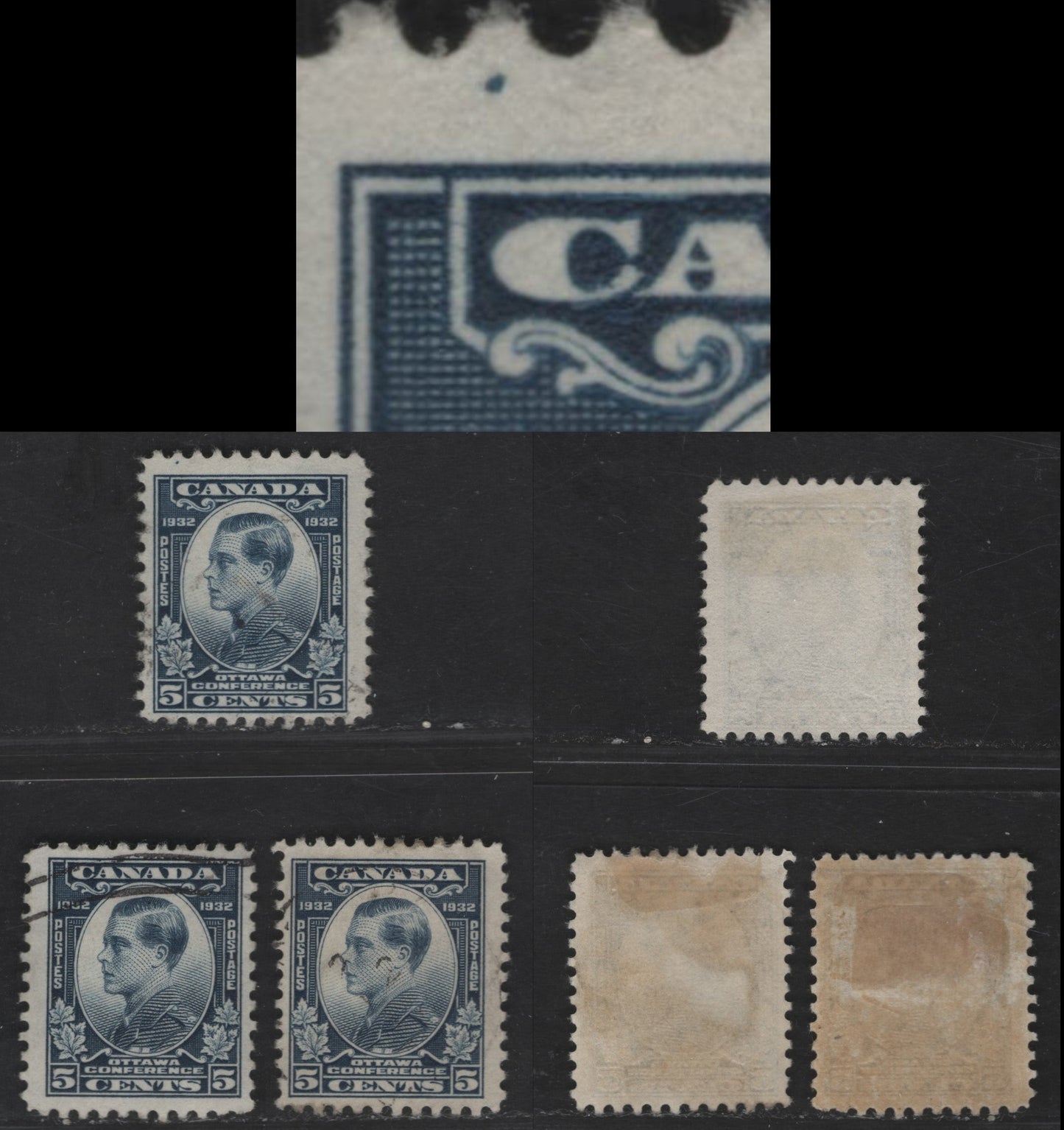 Canada #193var 5c Deep Dull Blue, Dull Blue & Deep Blue Prince Of Wales, 1932 Ottawa Economic Conference Issue, 3 Fine Used Singles, With Blue Shade Having An Unlisted Large Dot In Upper Left Largin, Potentially Constant Variety, Newly Discovered