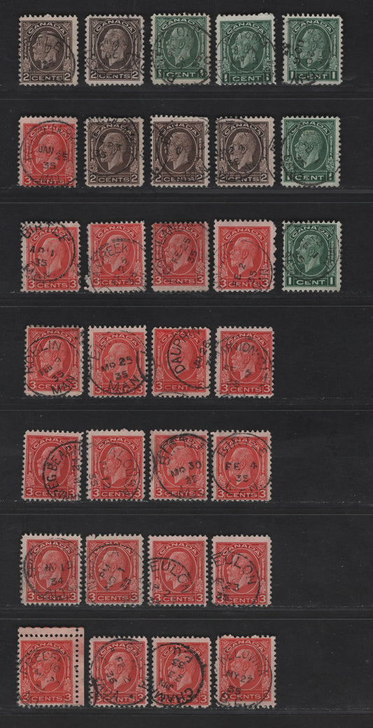 Canada #195-197c 1c-3c Deep Green - Scarlet Red King George V, 1932-1935 Medallion Issue, 31 Fine & VF used Singles All With SON In-Period Town CDS Cancels, All Different