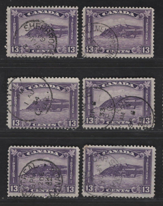 Canada #201i 13c Dull Rosy Lilac Old Quebec Citadel, 1932-1935 Medallion Issue, 6 Fine  Used Singles With Different SON CDS Cancels From Quebec