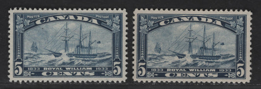 Canada #204 5c Deep Dull Blue, Deep Blue Royal William, 1933 Royal William Issue, 2 VFOG Singles Deep Yellowish Cream Semi-Gloss Gum