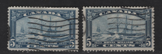 Canada #204var 5c Dark Dull Blue, Pale Bright Blue Royal William, 1933 Royal William Issue, 2 Fine Used Singles Very Scarce, First Time We Have Offered Or Seen This Pale A Shade Of Blue On This Issue