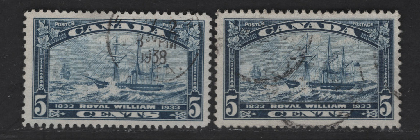 Canada #204 5c Deep Dull Blue, Deep Blue Royal William, 1933 Royal William Issue, 2 Fine & VF Used Singles VF Appearing, But Darker Shade Has Vertical Crease Along Right Margin