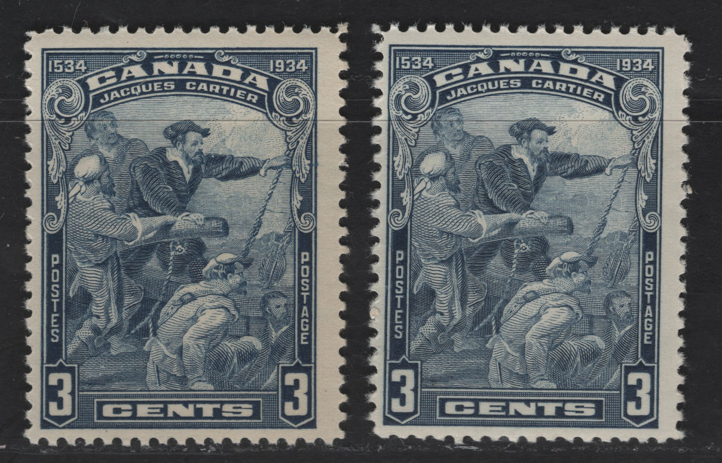 Canada #208 3c Deep Dull Blue & Deep Blue Jacques Cartier & Crew, 1934 450th Anniversary Of Discovery Of Canada, 2 Fine NH Singles With Deep Cream Satin Gum