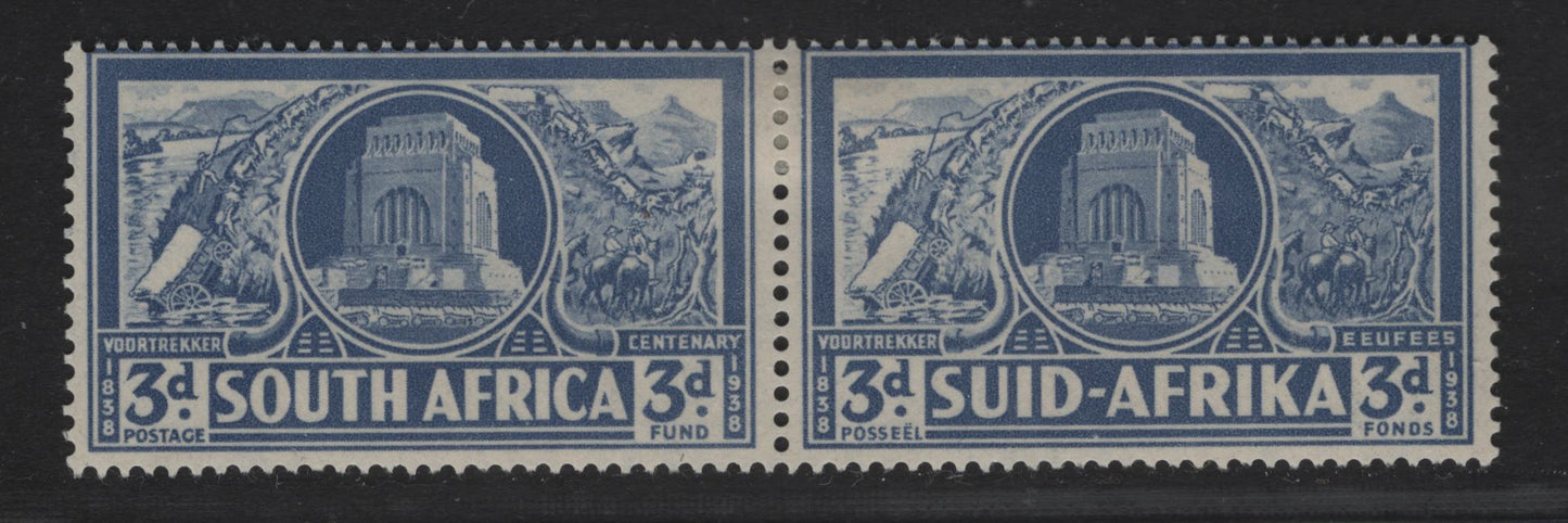 Lot 167 South Africa SC#B8 3d + 3d Chalky Blue Proposed Monument, 1938 Semi Postal Issue, A VFOG Se-tenant Pair, Perf 14, Wmk 201