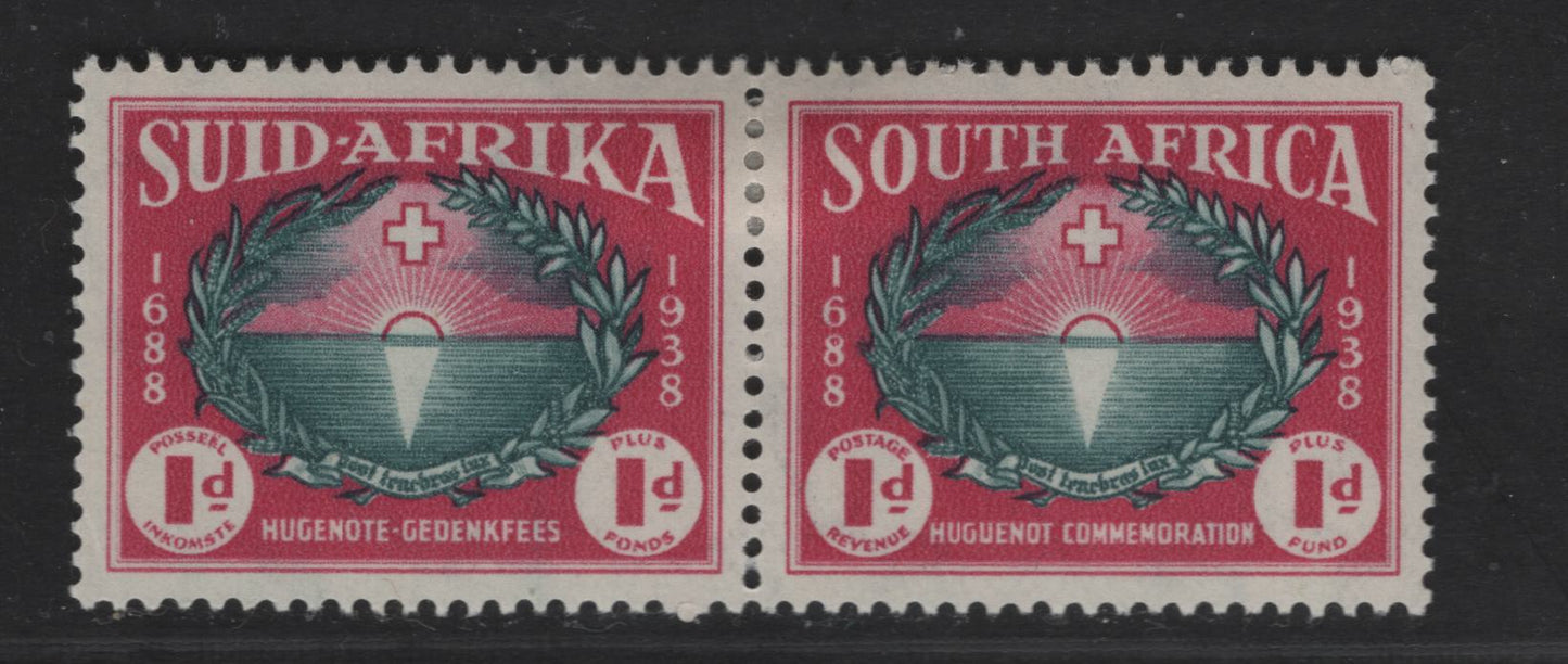 South Africa SC#B10 1d + 1d Rose Carmine & Prussian Green Rising Sun & Cross, 1939 Semi Postal Issue, A VFOG Se-tenant Pair, Perf 14, Wmk 201