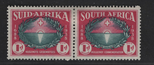 Lot 168 South Africa SC#B10 1d + 1d Rose Carmine & Prussian Green Rising Sun & Cross, 1939 Semi Postal Issue, A VFOG Se-tenant Pair, Perf 14, Wmk 201