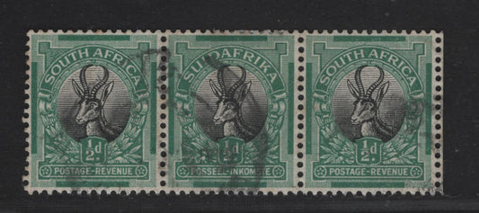 South Africa SC#23 1/2d Dark Green & Black Springbok, 1926 Typographed Pictorial Issue, A Very Fine Used Strip Of 3, Wmk 201, Perf 14.5x14