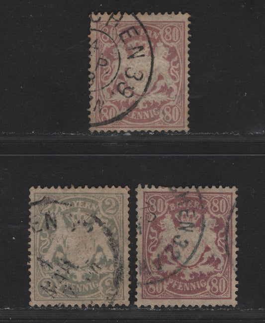Bavaria #58a, 71a 2pf Grey, 80pf Lilac & Pale Lilac, 1888-1899 Embossed Arms Issue, 3 F & VF Used Singles