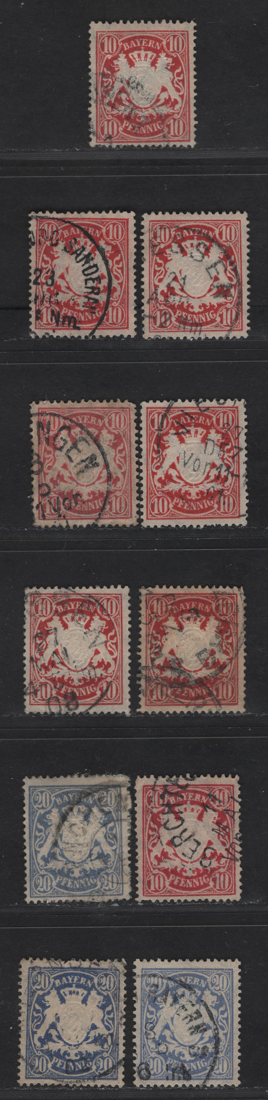 Bavaria #63-64 10pf, 20pf, 1888-1900 Embossed Arms Issue On White Paper, Perf 14x14 1/2, 11 F & VF Used Singles Various Shades Of Carmine & Ultramarine, All Different From Lot 103