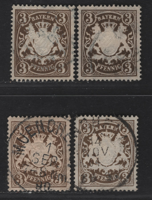 Bavaria #60b, 60 3pf, 1888-1900 Embossed Arms Issue On White Paper, Perf 14x14 1/2, 4 VF Used Singles Black Brown, Deep Olive Brown, Olive Brown, Dark Brown. All Shades Different From Lot 106