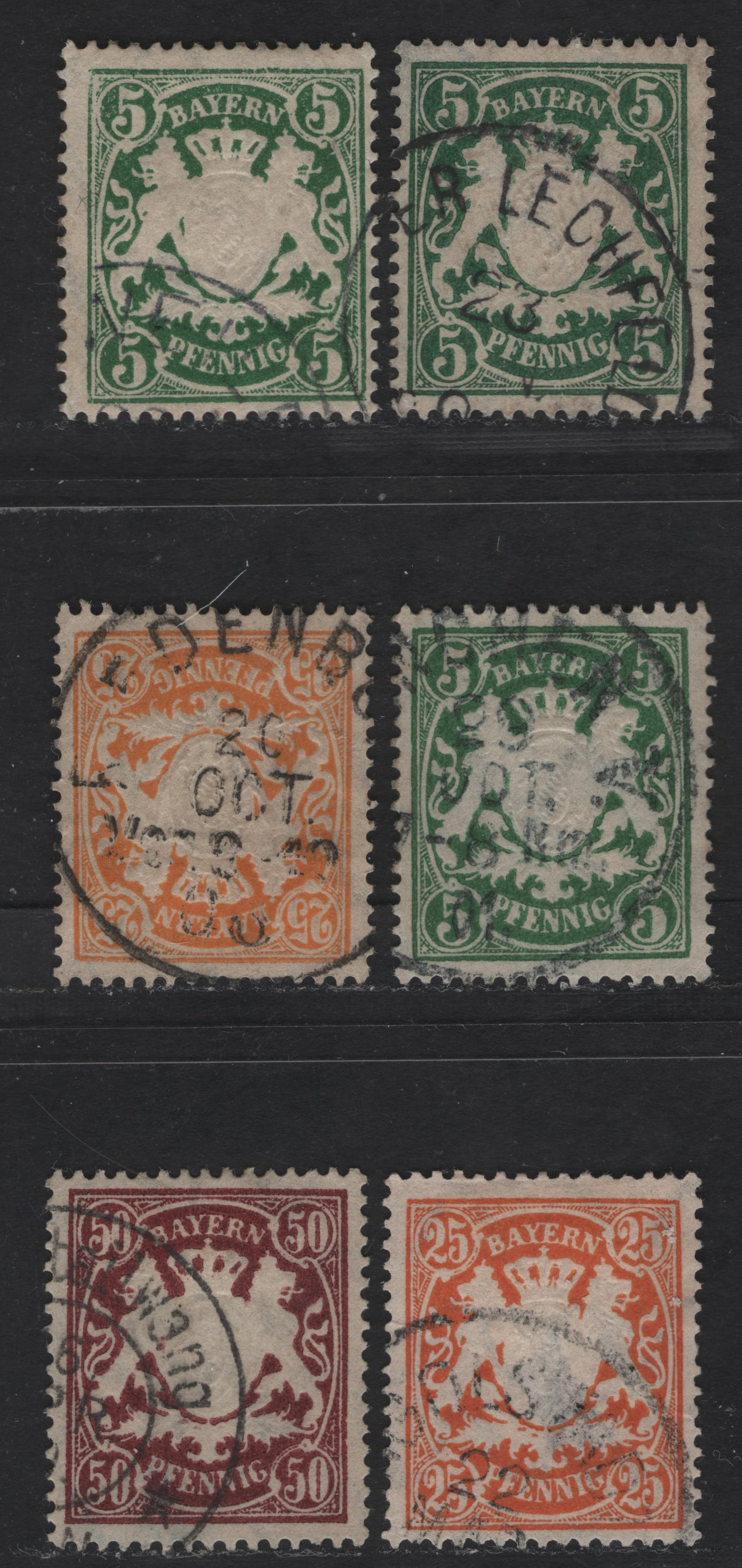 Bavaria #62, 66, 70 5pf Dark Green, 25pf Orange & Orange Yellow, 50pf Reddish Maroon, 1888-1900 Embossed Arms Issue On White Paper, Perf 14x14 1/2, 6 F & VF Used Singles The Shades In This Lot Are Different From Lot 109