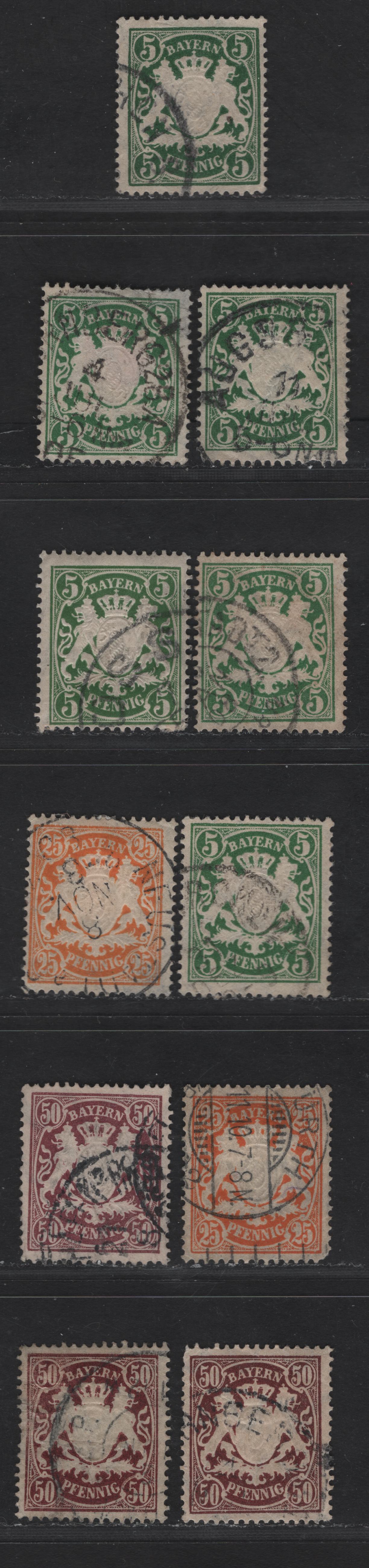 Bavaria #62, 66, 70 5pf Dark Green, Yellow Orange, Reddish Orange, Maroon, Light Maroon, Pale Maroon, 1888-1900 Embossed Arms Issue On White Paper, Perf 14x14 1/2, 11 Fine Used Singles